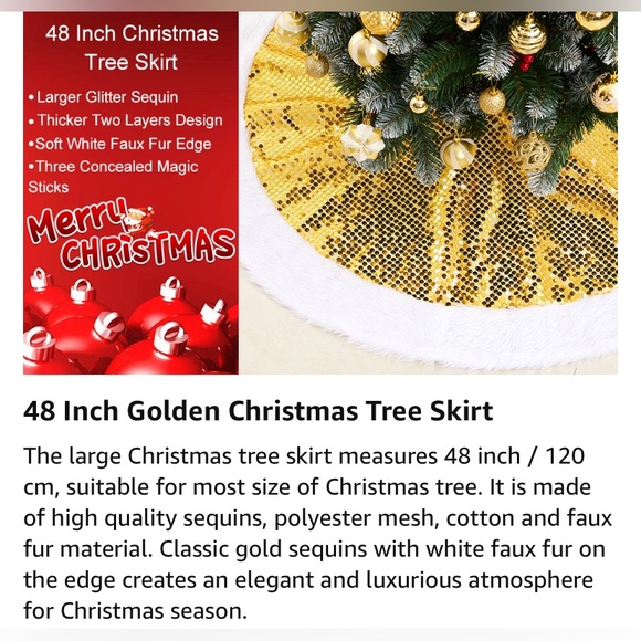 Gold Sequin Christmas Tree Skirt with Faux Fur Edge Gold Classic Decor 48” NEW - Picture 7 of 11